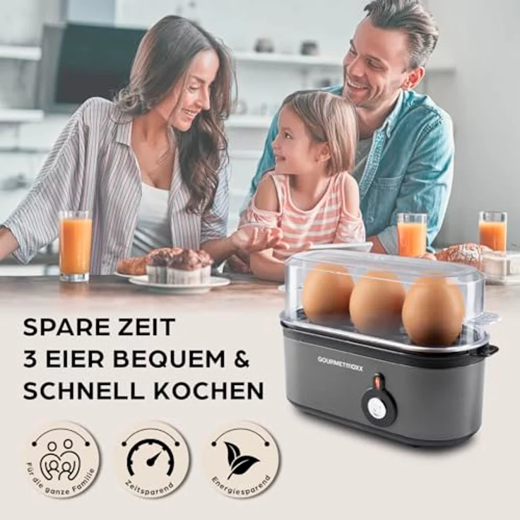 GOURMETmaxx Eierkocher für 3 Eier, kompakter Egg Boiler mit 3 Härtegraden, Eierstecher und spülmaschinenfesten Teilen, Anthrazit – Bild 5