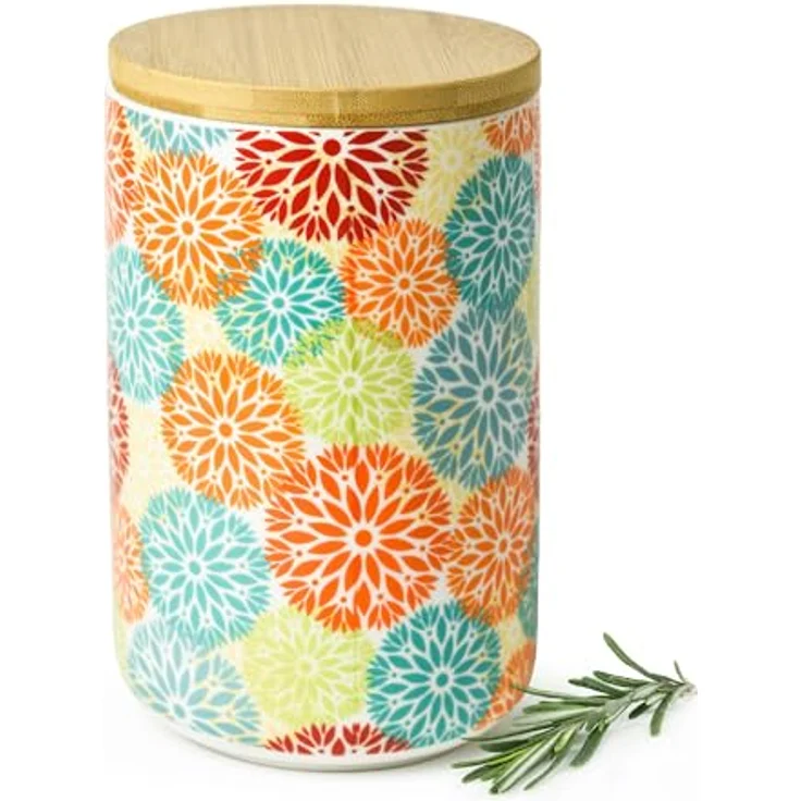 Sendez Vorratsdose Porzellan 800 ml, luftdicht mit Bambusdeckel, bunte Boho Blumen Design für Kaffee, Tee, Zucker und Gewürze – Bild 1
