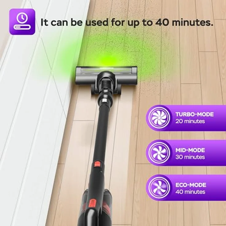 TurboTronic TT-LV8, Akku-Hand- und Stielstaubsauger mit LASER-LED, 120W, 11 kPa, kabellos, leise < 80 dB, für Teppich & Hartboden – Bild 5