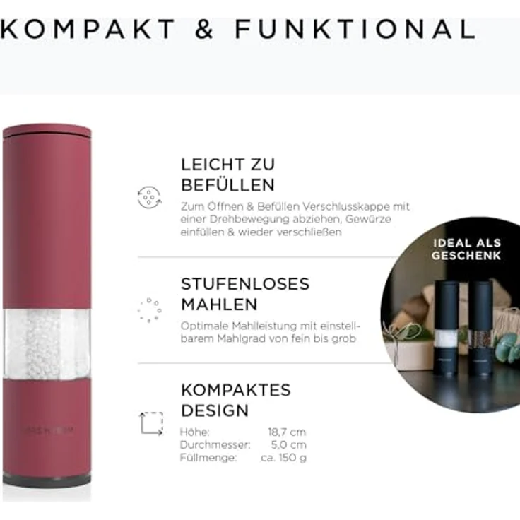 LARS NYSØM Salz und Pfeffer Mühle 2er Set Manuell mit einstellbarem Keramik-Mahlwerk von grob bis fein I Design Gewürzmühlenset (2 Stück) (Berry) – Bild 4