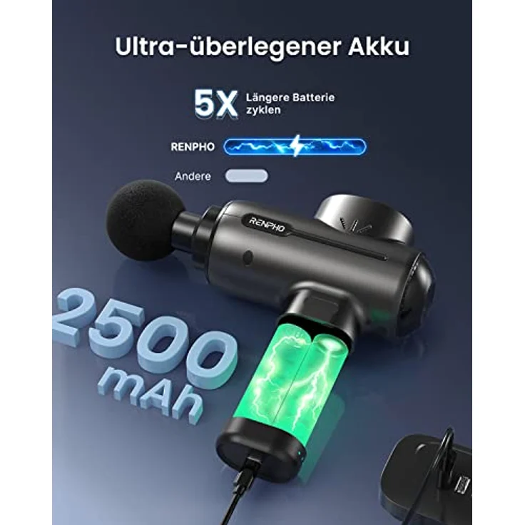 Massagepistole Massage Gun, RENPHO Massagepistole bis zu 3200U/min Massagegerät mit 2500mAh Akku und USB C Ladeanschluss zur Muskel Massage Entspannen, Schwarz – Bild 4