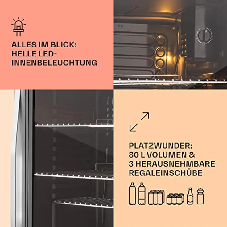 Klarstein Mini Kühlschrank mit Glastür, 80 Liter, leiser Getränkekühlschrank mit verstellbaren Ablagen für Indoor/Outdoor Nutzung – Bild 4