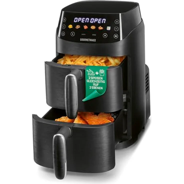 GOURMETmaxx FryUp XS, Vertikale Doppelkammer Heißluftfritteuse mit 5 L Volumen, MultiColour-LED-Touchdisplay, 6 One-touch-Programme – Bild 1