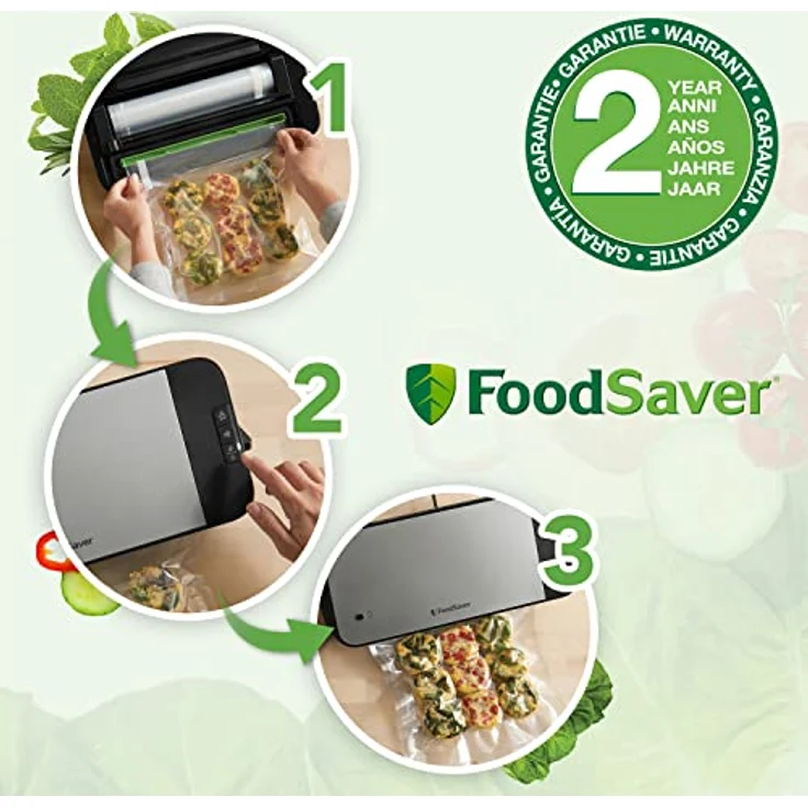 FoodSaver Vakuumiergerät für Lebensmittel mit Zubehör und Schlauch für das Handvakuumiergerät | Vakuumierer mit 1 Vakuumrolle, 5 Vakuumbeuteln & 5 Zip-Beuteln| Silber mit schwarzen Akzenten [VS2190X] – Bild 4