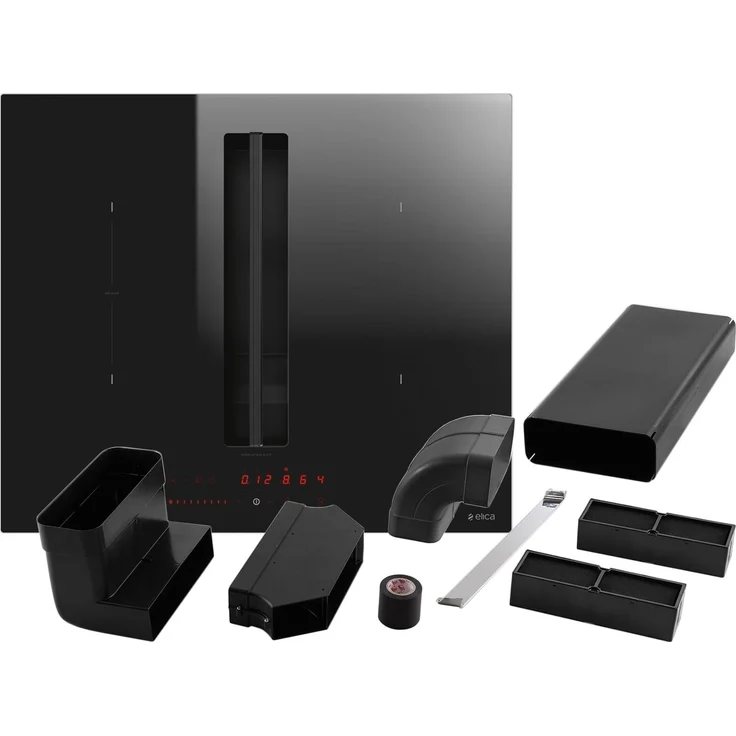 Elica SET NikolaTesla Fit PRF0167053, Induktionskochfeld mit integriertem Dunstabzug, schwarzes Glas, Umluft-Installationsset KIT0167756, 4 Kochzonen, Touch Control