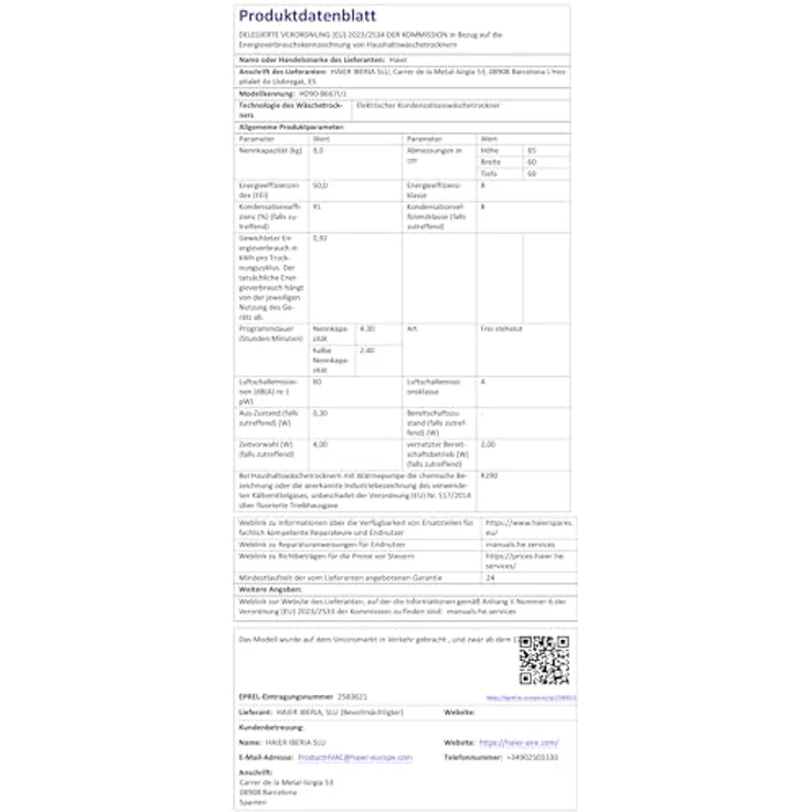 Haier HD90-B667U1, Wärmepumpentrockner 9kg mit hOn-App, Knitterschutz, Weiß – Bild 12
