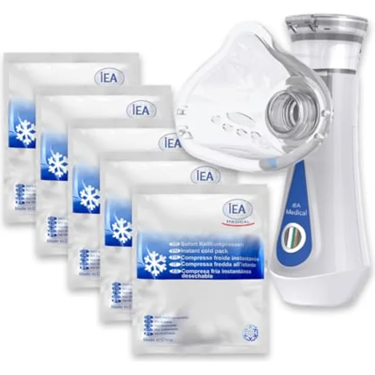 IEA Medical Bundle Set, 5x Sofort Kälte Kompressen und mobiles Inhalationsgerät, zur Linderung von Fieber und Erkältung, jederzeit einsatzbereit, kompakt und handlich