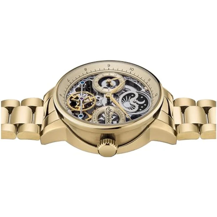 Ingersoll The Jazz 42 mm automatische Mondphasenuhr für Herren mit Skelettzifferblatt und goldenem Edelstahlarmband – Bild 3