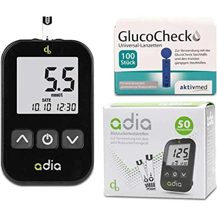 adia Vorteilspack Blutzuckermessgerät-Set (mmol/L) + 60 Blutzuckerteststreifen + 110 Lanzetten zur Kontrolle des Blutzuckers – Bild 1