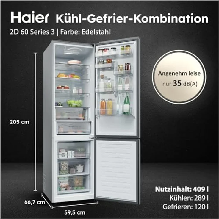 HAIER HDPR1620ANPK 2D 60 Series 1 Kühlgefrierkombination, 409 l, Inox, Inverter-Kompressor, Total No Frost System, Humidity Zone – Bild 2