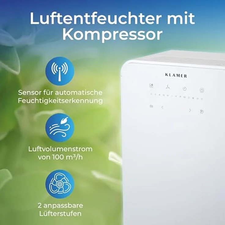 KLAMER Luftentfeuchter elektrisch 12L, 100m³ Luftumwälzung pro Stunde, 280W starker Raumentfeuchter, Entfeuchter mit bis zu 2 Liter Fassungsvermögen, weiß – Bild 3