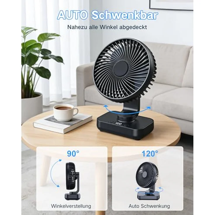 ArsMotin Tischventilator, Automatisch Oszillierend, Leise 30 dB, 4500mAh Akku, USB-C, LED Display, Abnehmbar, 4 Geschwindigkeitsstufen, Klein & Tragbar für Büro und Zuhause – Bild 4