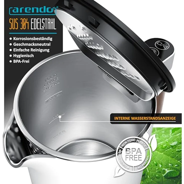 Arendo - Wasserkocher mit Temperatureinstellung - Edelstahl - 1.5 Liter - Doppelwand - BPA frei - Warmhaltefunktion - Teekocher - weiß matt – Bild 5
