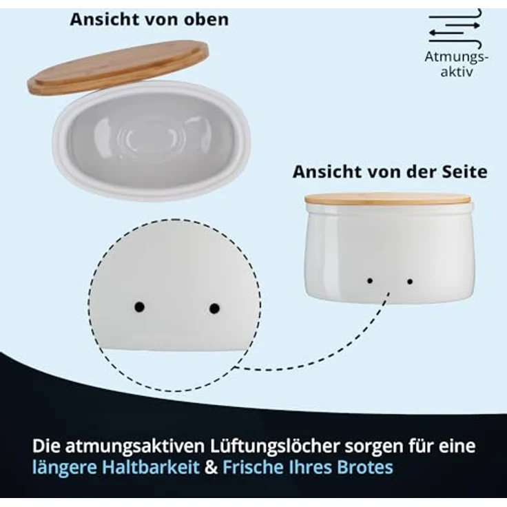 KHG Brotkasten Weiß Keramik Steingut Holzdeckel Bambus, Aufbewahrung Brot oval, Deckel als Schneidebrett, glänzend glasiert mit Emaille, Lüftungslöcher, Landhaus Vintage Stil, beschriftet – Bild 5