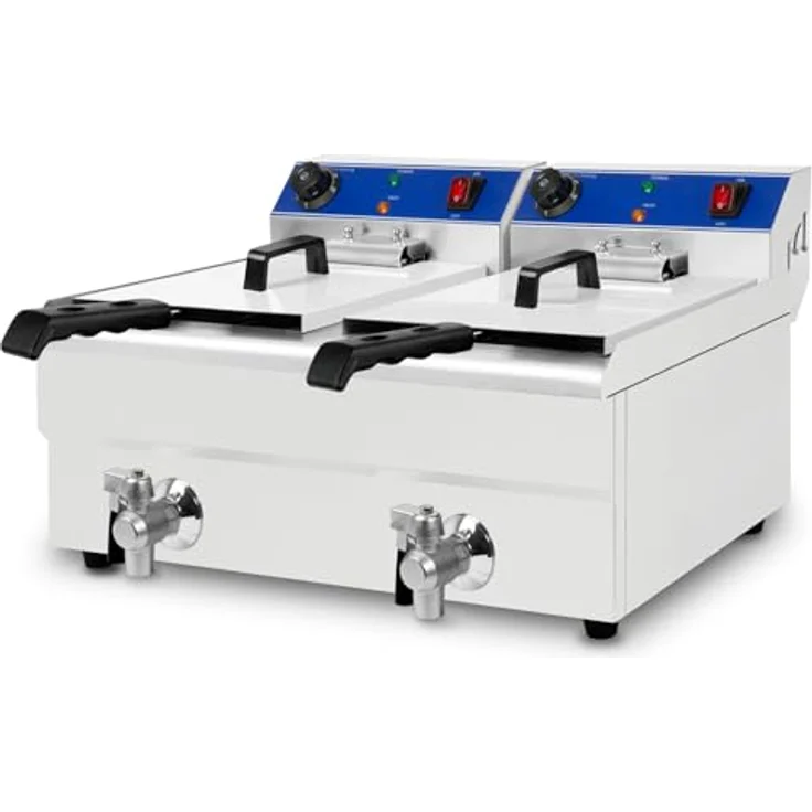 VERTES Friteuse Edelstahl 2x 10L, Kaltzonenprinzip, 2x 3000W, stufenlos regulierbar 50-250°C, Ablasshahn, mit 2 Frittierkörben, für Öl & flüssiges Fett – Bild 1