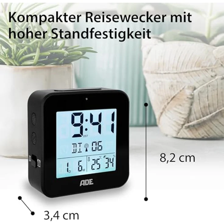 ADE Funkwecker digital funk mit Temperatur und Luftfeuchtigkeit, automatischer Lichtsensor, 2 Weckzeiten, Schlummerfunktion – Bild 2