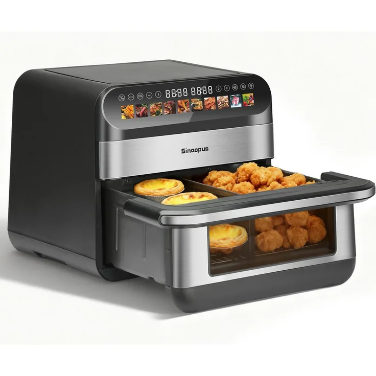 Leawin Heißluftfritteuse 10L, Dual Zonen Heißluftfritteuse mit 2400 W und automatischer Wende-Erinnerung, 10-in-1 Fritteuse für Familien, Doppel Kammer und antihaftbeschichtet