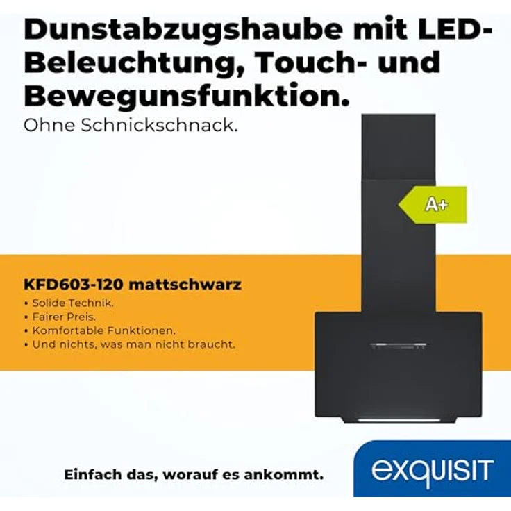 Exquisit Dunstabzugshaube 60cm, Touch-Bedienung, Gestensteuerung, Metallfettfilter, LED-Beleuchtung, Abluft/ Umluft, mattschwarz – Bild 2