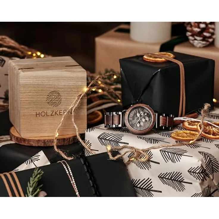 Holzkern Quarzuhr Chronograph Askja, Walnuss/Marmor, Edelstahl, 45 mm, Datumsanzeige, Stoppuhr bis 60 Minuten, spritzwassergeschützt – Bild 6