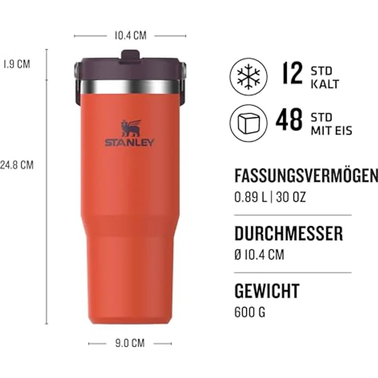 STANLEY Iceflow Flip Straw Tumbler, 0,89 L, Tigerlily, doppelwandige Vakuumisolierung, auslaufsicher, spülmaschinenfest – Bild 3