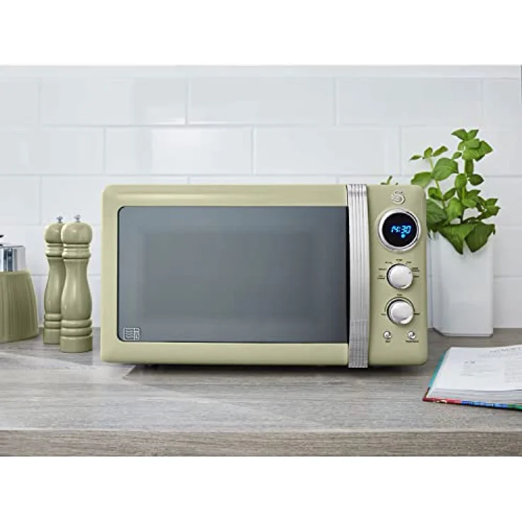 Swan Retro SM22030GNEU Digital Mikrowelle 20L, 5 Leistungsstufen, Auftaufunktion, 60 Minuten Timer, Tür mit Spiegeleffekt, 27cm Drehteller, Vintage Design, Grün, 800W – Bild 2