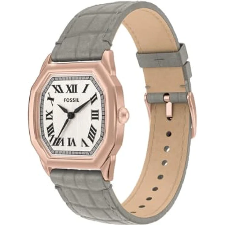 Fossil Harlow Damen Uhr, Quarz-Dreizeigerwerk, roségoldenes Edelstahlgehäuse, cremefarbenes Zifferblatt, graues Echtlederarmband, 30 m Wasserbeständigkeit – Bild 3
