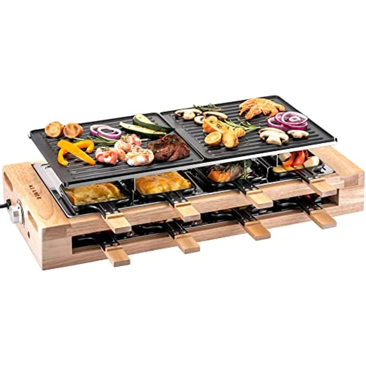 KLAMER Raclette 8 Personen, 1500W Raclette Grill mit Holzgestell, Raclette mit antihaftbeschichteter Grillplatte, Tischgrill elektrisch – Bild 1