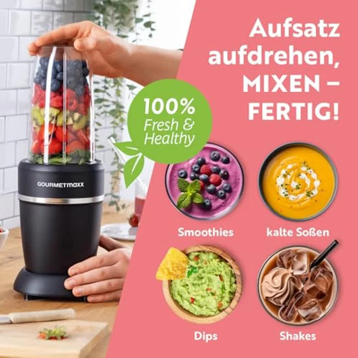 GOURMETmaxx Mixer & Smoothie Maker 4-tlg., 1000 Watt Standmixer mit auslaufsicherem To-go-Deckel, 750 ml Mixbecher, Edelstahlklingen für Shakes und Smoothies – Bild 5