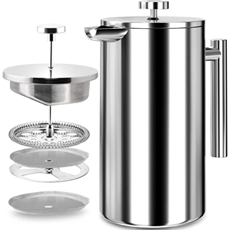 KICHLY French Press 8 Tassen Edelstahl Kaffeebereiter, doppelwandig isoliert mit 3-Stufen Filtrationssystem und 1 extra Filter – 1000ml / 34oz – Silber