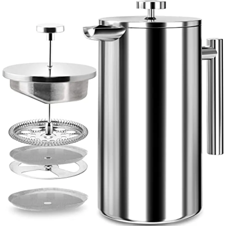 KICHLY French Press 8 Tassen Edelstahl Kaffeebereiter, doppelwandig isoliert mit 3-Stufen Filtrationssystem und 1 extra Filter – 1000ml / 34oz – Silber – Bild 1
