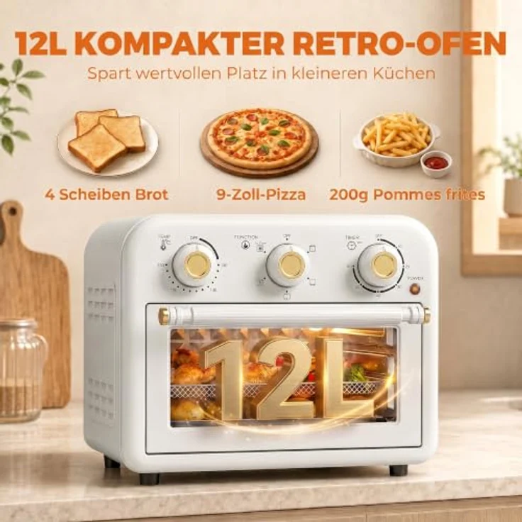 HOMCOM Minibackofen Heißluftfritteuse 2-in-1 mit 12 l und 1200 W, cremeweiß-gold, mit Backblech und Frittierkorb – Bild 3