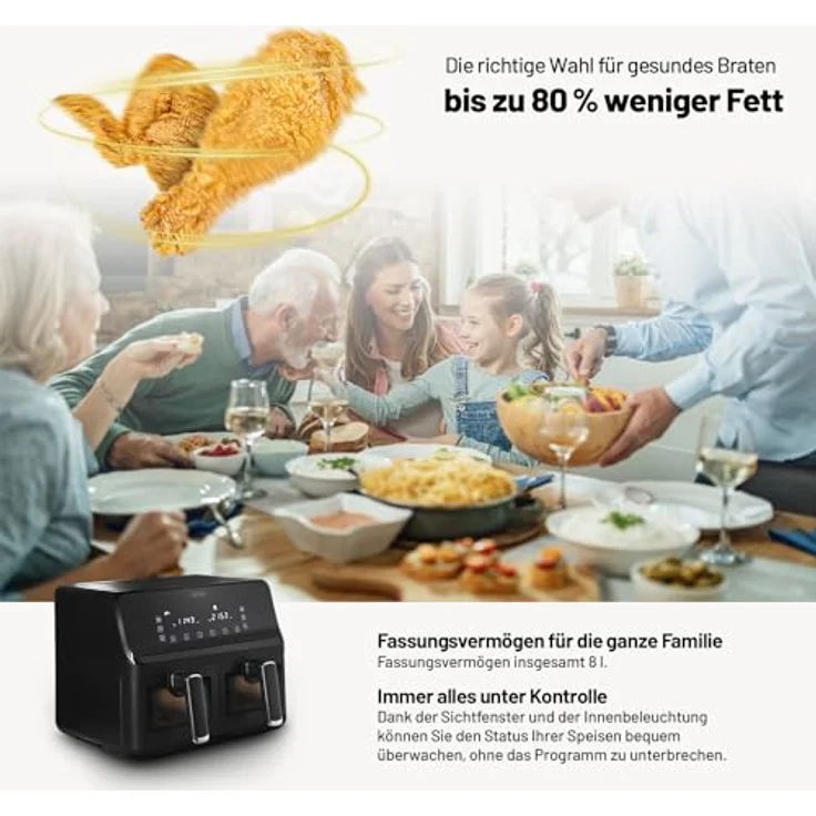 Lauben DualZone® Heißluftfritteuse 8000BC Air Fryer mit zwei Körben, Gesamtvolumen 8l, individuelle Einstellung beider Körbe getrennt, Klarsichtfenster, 8 voreingestellte Programme – Bild 4