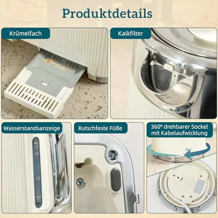 HOMCOM Wasserkocher Toaster Set, 1,7L Wasserkocher mit Thermostat und 4-Scheiben-Toaster in Cremeweiß und Silber, 7 Bräunungsstufen, automatische Abschaltung – Bild 9