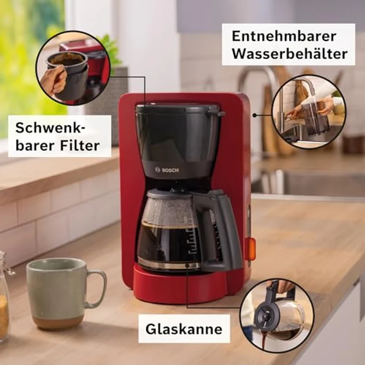 Bosch Filterkaffeemaschine MyMoment TKA3M134,1200 W, Glaskanne 1,25 l, für 10-15 Tassen, 60min Warmhaltefunktion, Aroma intense, Entkalkungsprogramm, Rot matt – Bild 3