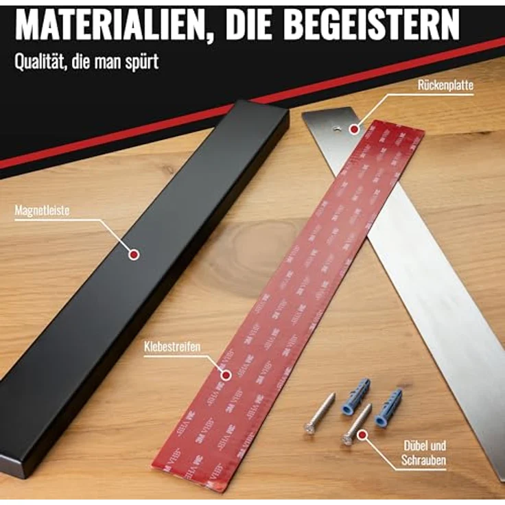 POPPSTAR Edelstahl Messer Magnetleiste 40cm, schwarz, mit extra starkem Magnet, selbstklebend und schraubbar – Bild 3