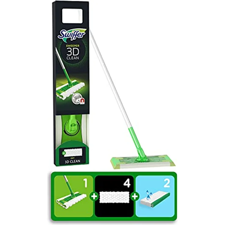 Swiffer Bodenwischer 3D Clean Trockene und Feuchte Bodentücher Starterset ( 1 Stab, 4 Trockene Bodentücher, 2 Feuchte Bodentücher), Nasswischer, Wischer zur Reinigung von Hartholz und Böden – Bild 1