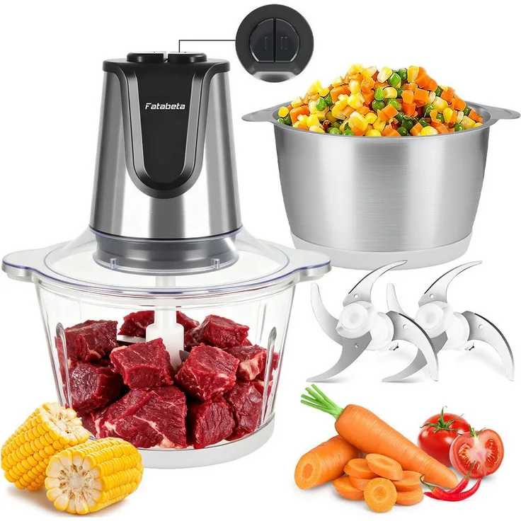 KNKA PRO Multizerkleinerer, elektrischer Zerkleinerer mit 2x2 L Glas- & Edelstahlschüsseln, 500 W, 2 Geschwindigkeitsstufen, 2 Messer für Fleisch und Gemüse, schwarz