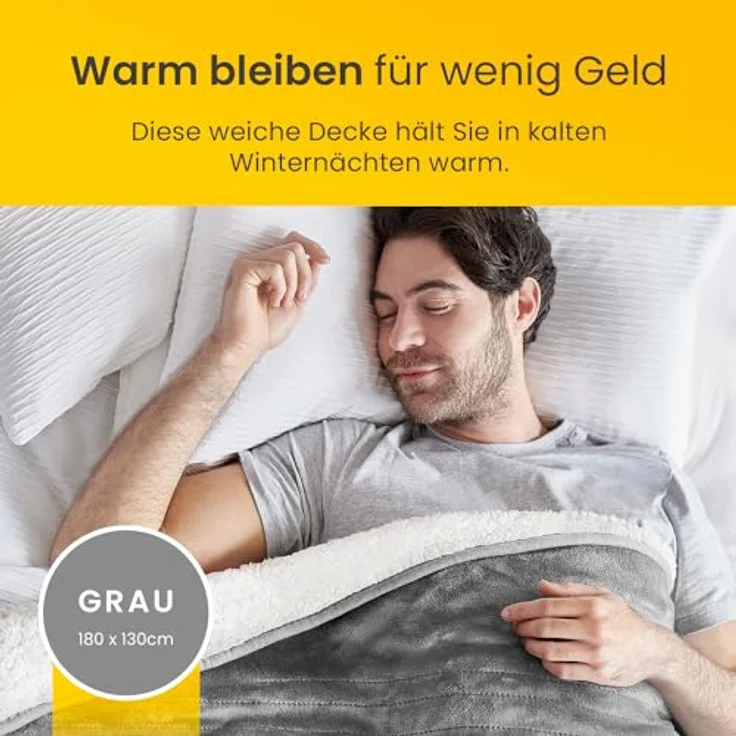Cosi Home Heizdecke 180x130 cm - Elektrische Wärmedecke mit Abschaltautomatik, Überhitzungsschutz, Waschbar, Kuscheliges Sherpa & Fleece, 10 Heizstufen mit digitaler Fernbedienung - Grau – Bild 2