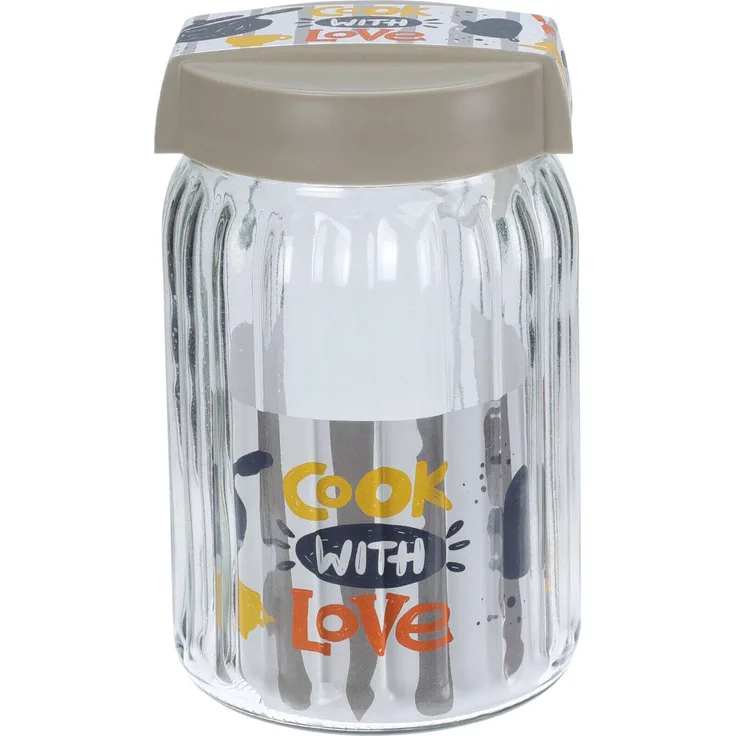 Koopman Luftdichtes Glasgefäß für trockene Produkte, 1,4 l, transparent mit buntem Aufdruck 'Cook With Love