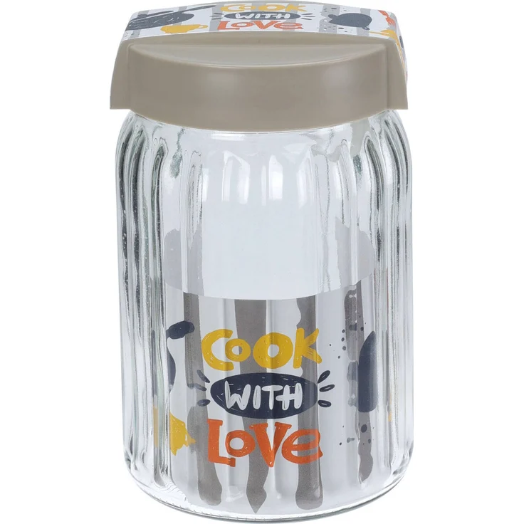 Koopman Luftdichtes Glasgefäß für trockene Produkte, 1,4 l, transparent mit buntem Aufdruck 'Cook With Love