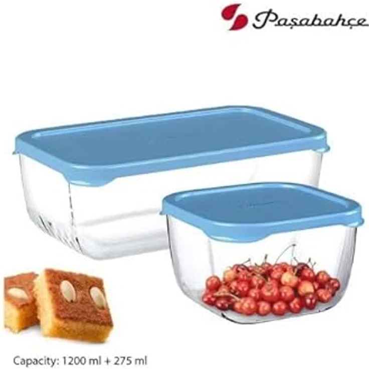 Pasabahce Snow Box Aufbewahrungsset Blau Deckel, 3 Stück - 1200ml + 275cc + 275cc – Bild 5