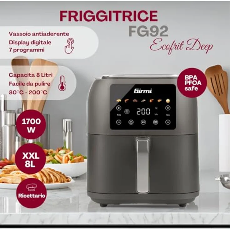 Girmi FG92 "Ecofrit Deep" Heißluftfritteuse, XXL Kapazität 8 Liter, 1700 W, BPA/PFOA-frei, Antihaftbehälter, Digitaldisplay mit 7 Programmen, Sicherheitstaste, Rezeptbuch inklusive – Bild 2