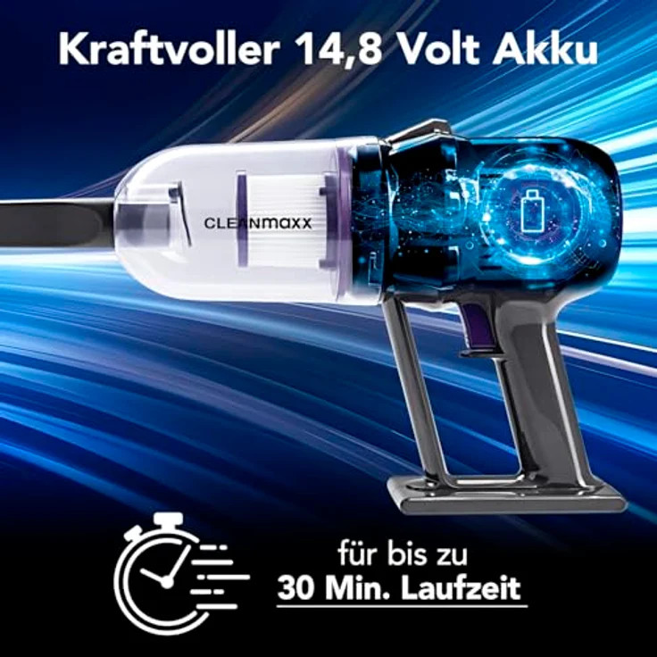 CLEANmaxx Akku-Staubsauger 2in1, kabellos, Hand- & Bodensauger mit 10 kPa Saugleistung, inkl. 2 Düsen und Wandhalterung – Bild 4