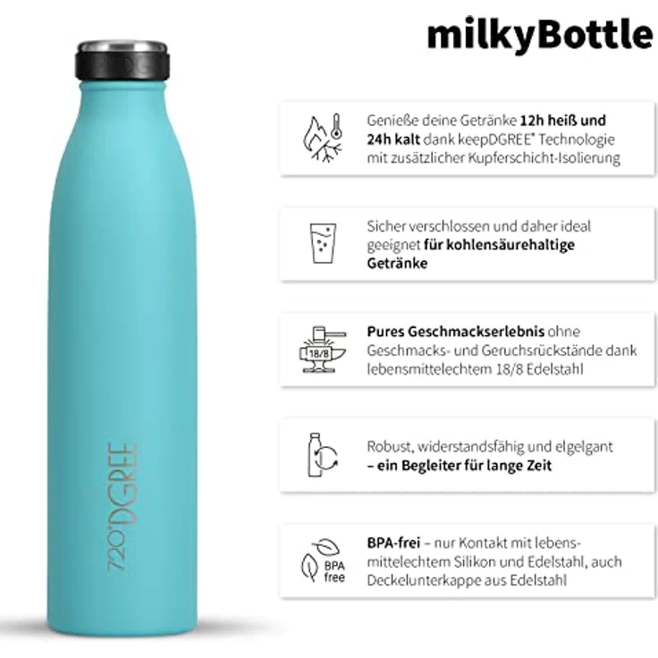 720°DGREE Edelstahl Trinkflasche “milkyBottle” - 500ml, BPA-frei, auslaufsicher, für kohlensäurehaltige Getränke, ideal für Kinder, Schule und Sport – Bild 2