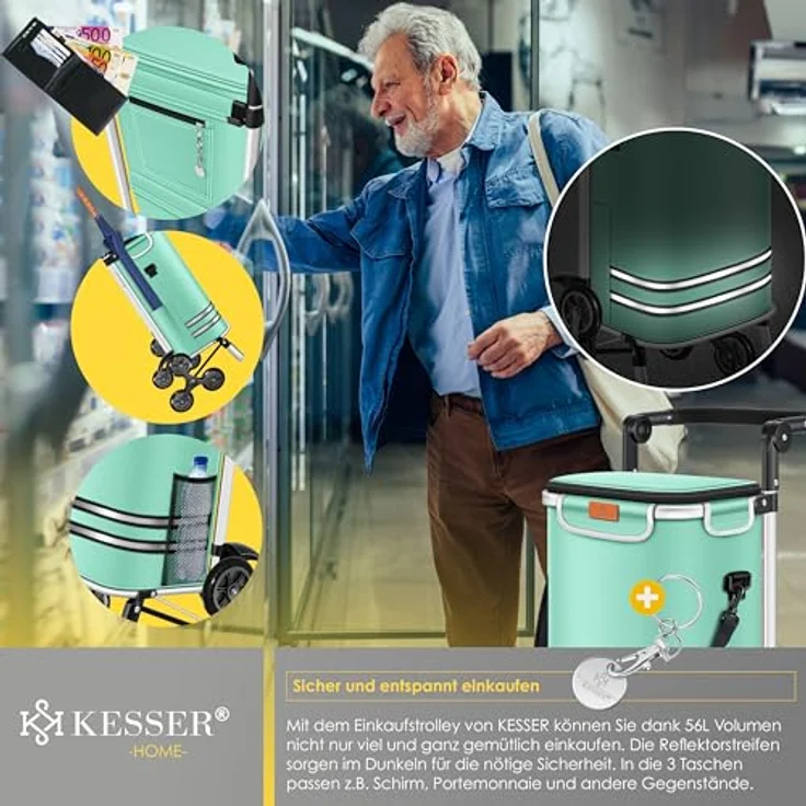 KESSER® Einkaufstrolley Treppensteiger mit Kühlfach, klappbar, 56L Kapazität, belastbar bis 50kg, 3in1 Trolley Sackkarre & Umhängetasche, Mintgrün – Bild 5