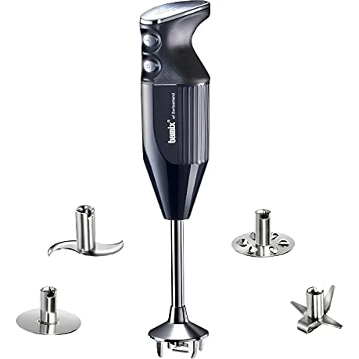bamix Stabmixer Set M350 MAXX inkl. Multifunktions-, Fleisch-, Gemüsemesser, Quirl, Schlagscheibe aus Edelstahl, 350 Watt, 2-Stufen, Made in Switzerland, Schwarz/Chrom