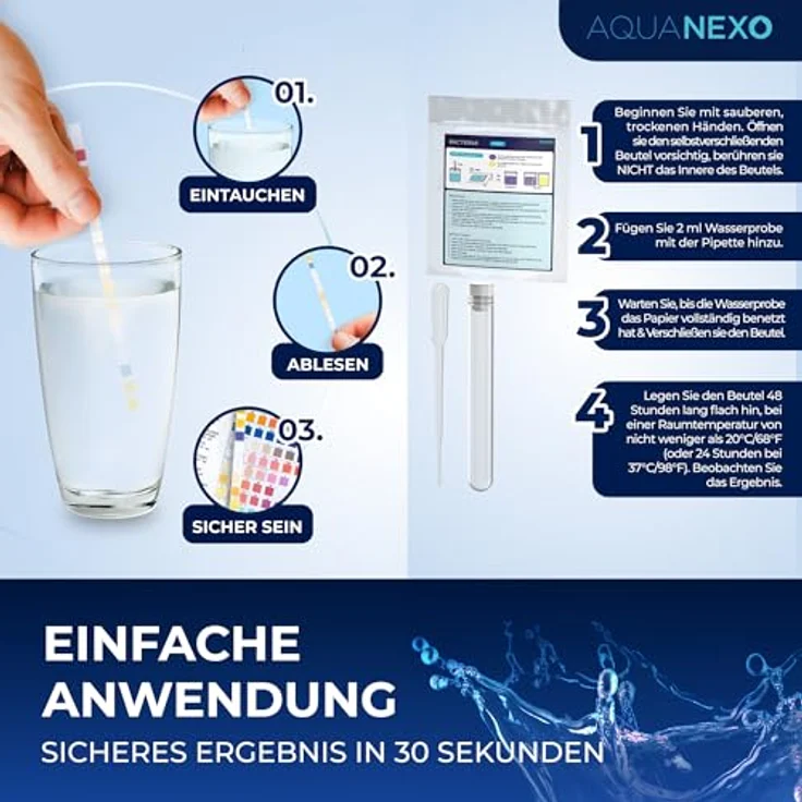 Aquanexo 125 Wassertester Trinkwasser Teststreifen 17-in-1 + 2 Bakterientests + 10 Trinkwasser Teststreifen Nitrat/Nitrit + 10 Trinkwasserteststreifen Sulfate, 16-in-1 Werte, Versand aus Deutschland – Bild 4