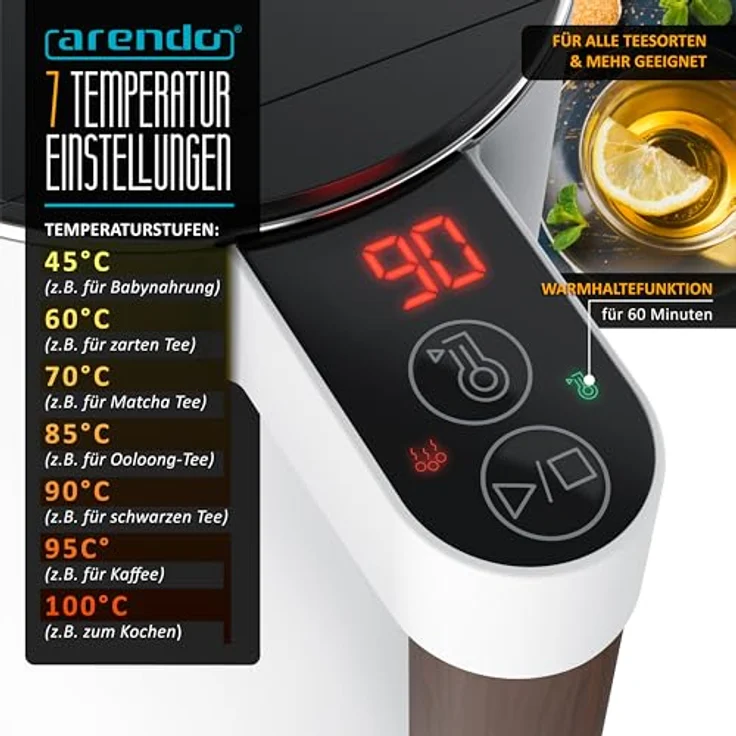 Arendo - Wasserkocher mit Temperatureinstellung - Edelstahl - 1.5 Liter - Doppelwand - BPA frei - Warmhaltefunktion - Teekocher - weiß matt – Bild 3
