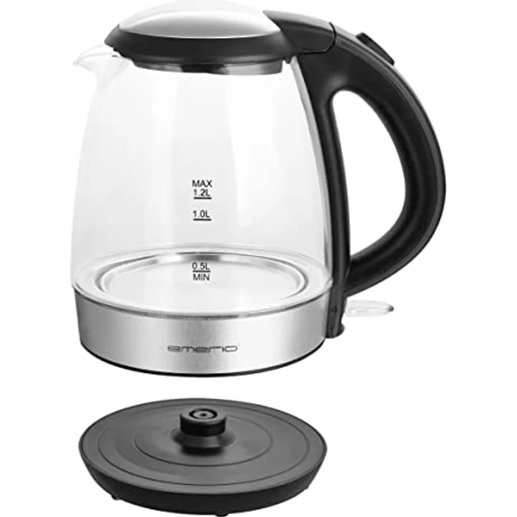 Emerio WK-125145 Glas-Wasserkocher, 1,2 L, 2200 W, verdeckte Heizelemente, Kontrollleuchte, silber, schwarz – Bild 3