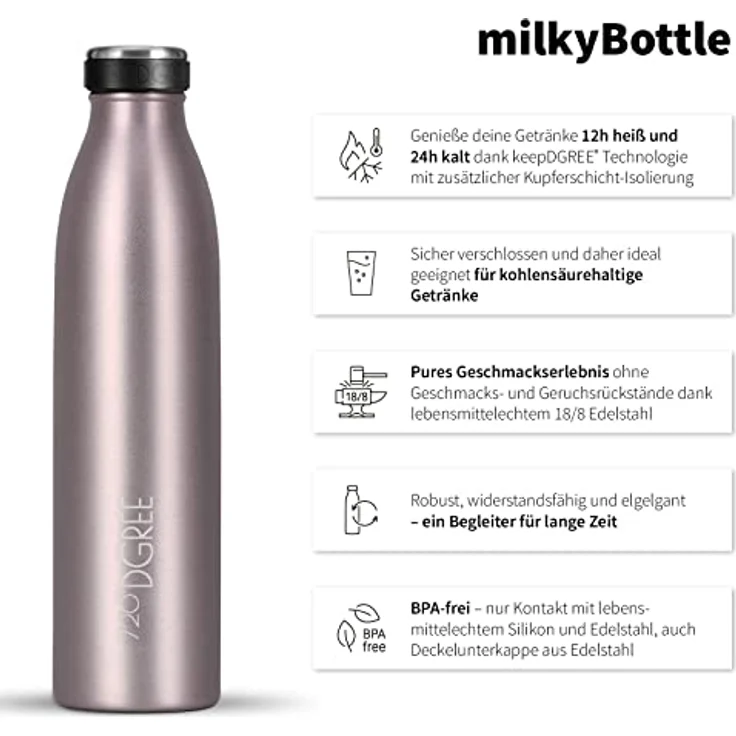 720°DGREE Edelstahl Trinkflasche “milkyBottle”, 500ml, BPA-frei, auslaufsicher, geeignet für Kohlensäure - Kleine Thermosflasche für Kinder, Sport, Schule und Fitness – Bild 2